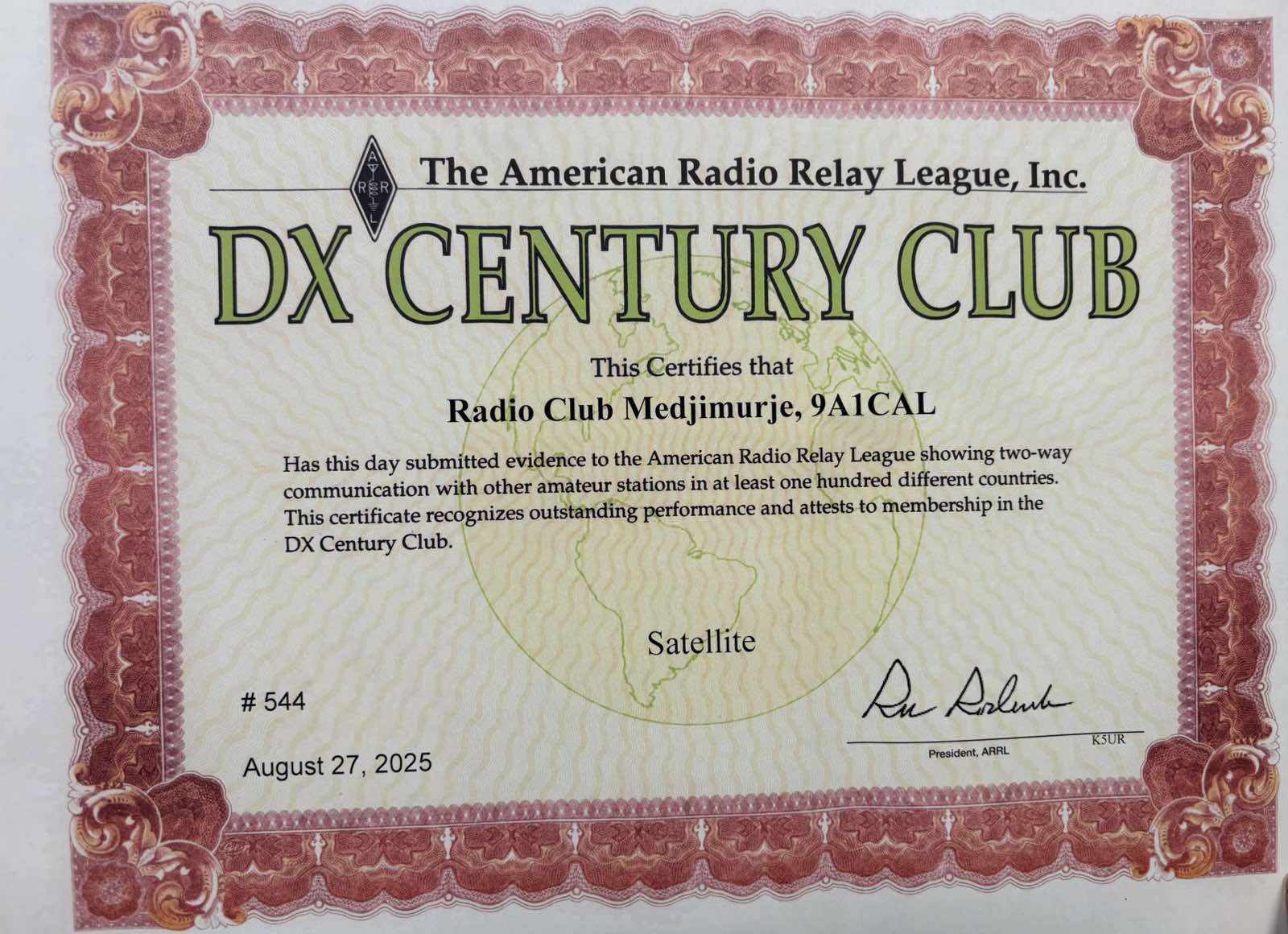 DXCC Satellite priznanje za Radioklub Međimurje (9A1CAL)